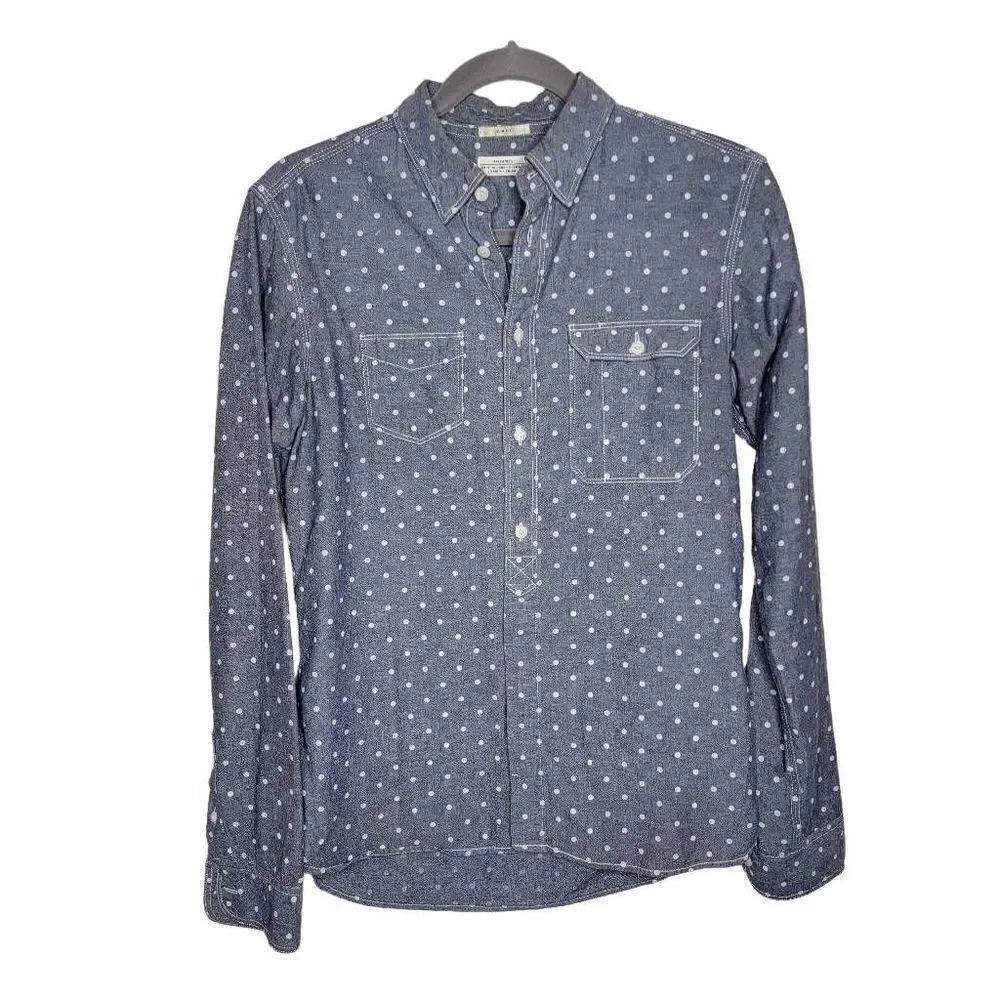 All Saints Slim Fit Polka Dot Cotton Button Front Shirt Blue White XS